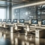 Oficina moderna con computadores y paneles tecnológicos, ambiente de startup tecnológica.