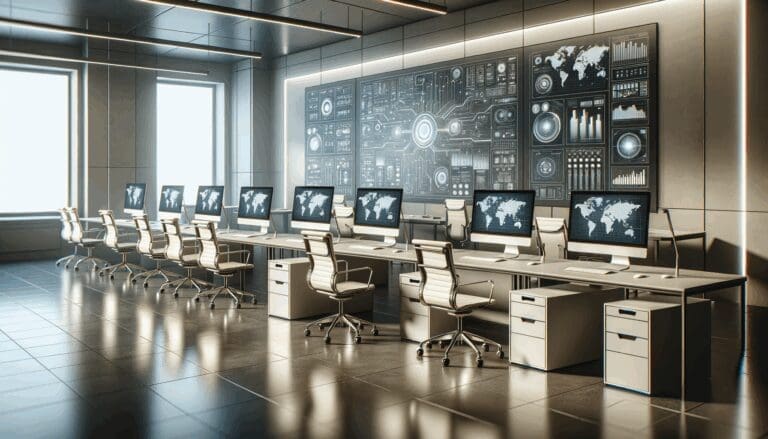 Oficina moderna con computadores y paneles tecnológicos, ambiente de startup tecnológica.