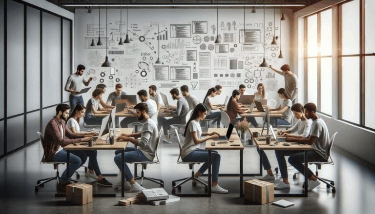 Un equipo diverso de desarrolladores trabajando en un espacio moderno de coworking, rodeados de pizarras y laptops.