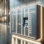 Primer plano de un casillero automatizado en un espacio urbano moderno, con luces LED y fondo desenfocado.