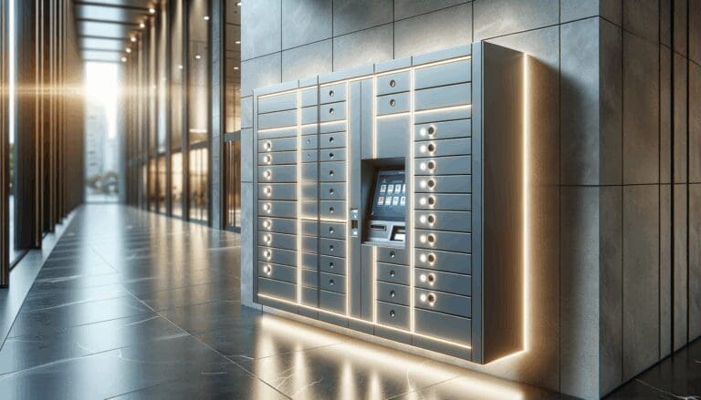 Primer plano de un casillero automatizado en un espacio urbano moderno, con luces LED y fondo desenfocado.