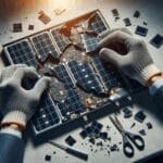 Primer plano de manos técnicas desmontando panel solar obsoleto en un laboratorio moderno de reciclaje.