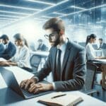 Personas trabajando en laptops en una oficina moderna con fondo tecnológico borroso.