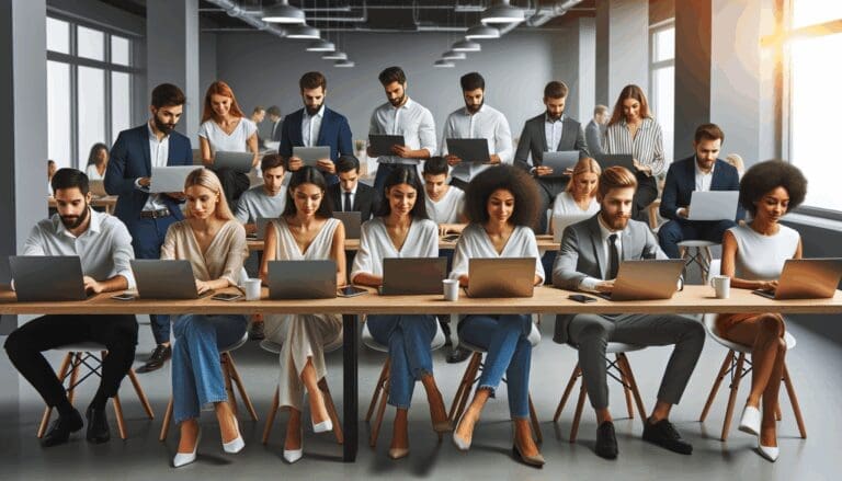 Grupo diverso de jóvenes emprendedores trabajando en laptops dentro de una moderna oficina tecnológica.