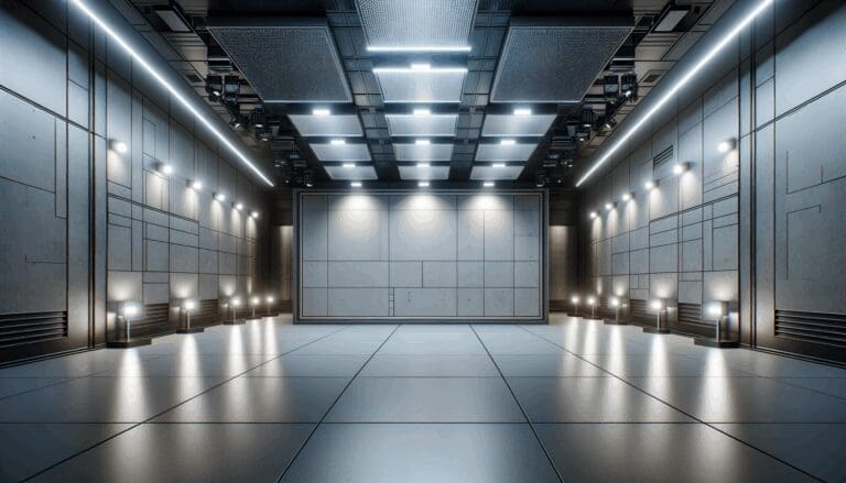 Espacio subterráneo moderno con paneles tecnológicos instalados en paredes y techo, iluminación tenue y ambiente innovador.