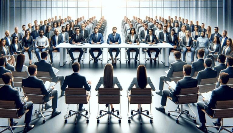 Panel de inversionistas evaluando a emprendedores en un evento tecnológico, ambiente moderno e internacional.