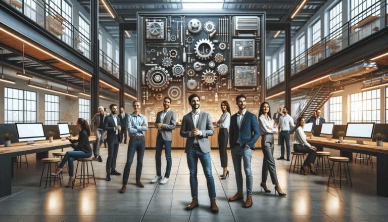 Emprendedores reunidos en un moderno espacio de coworking rodeados de elementos industriales y tecnológicos.