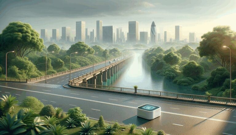 Sensor inteligente sobre un puente de río con vegetación y ciudad al fondo, luz natural.