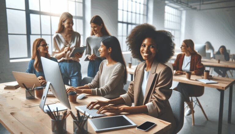 Fotografía de una sala de coworking moderna donde mujeres emprendedoras interactúan usando computadoras y dispositivos digitales.