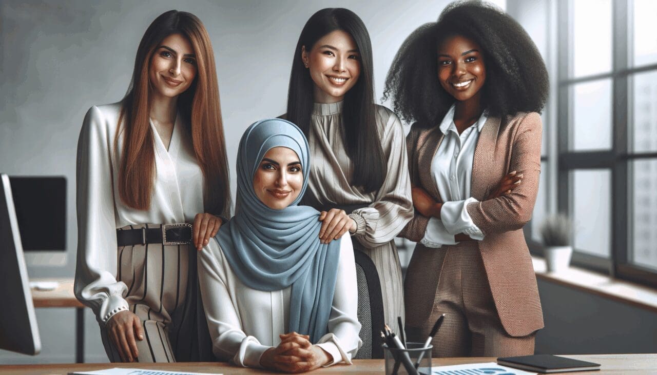 Retrato de un equipo diverso de mujeres emprendedoras colaborando en una oficina moderna.
