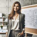 Retrato de una emprendedora sonriente frente a un tablero de planificación en una oficina moderna