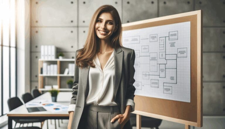 Retrato de una emprendedora sonriente frente a un tablero de planificación en una oficina moderna