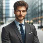 Retrato profesional de un emprendedor en un entorno urbano moderno, con fondo desenfocado.