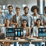 Equipo multicultural de jóvenes emprendedores trabajando en una sala moderna con pantallas mostrando datos de salud e inteligencia artificial.