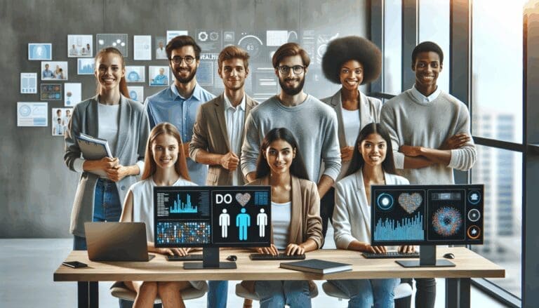 Equipo multicultural de jóvenes emprendedores trabajando en una sala moderna con pantallas mostrando datos de salud e inteligencia artificial.