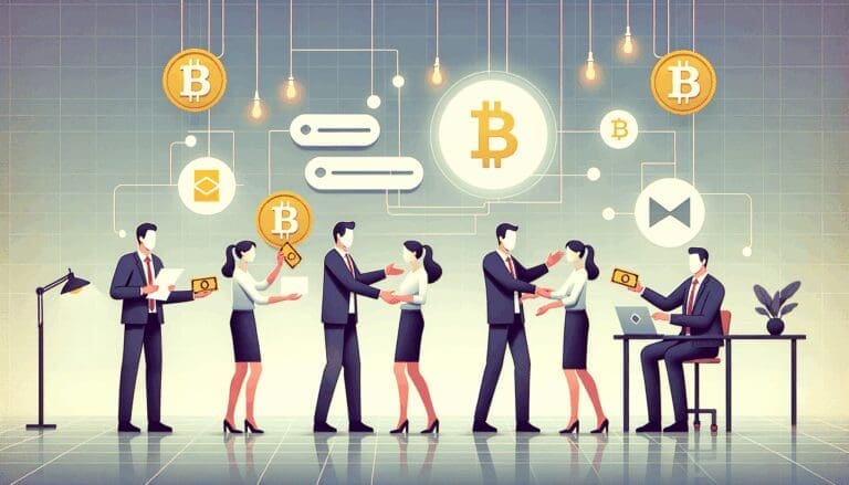 Ilustración minimalista de empleados recibiendo pagos digitales en una oficina moderna, con símbolos de criptomonedas y tecnología.