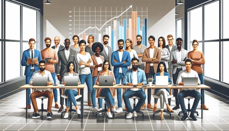 Ilustración de un grupo multicultural de emprendedores reunidos en un espacio de coworking moderno, con pantallas digitales y gráficos de crecimiento.