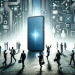 Ilustración de un smartphone emergiendo entre circuitos y siluetas de emprendedores en un entorno tecnológico moderno.