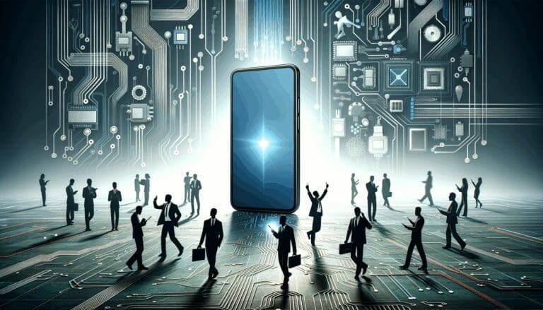 Ilustración de un smartphone emergiendo entre circuitos y siluetas de emprendedores en un entorno tecnológico moderno.