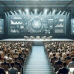 Auditorio moderno durante un congreso tecnológico, público atento y pantallas con gráficos digitales.