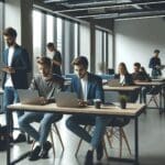 Sala de coworking moderna con jóvenes emprendedores trabajando en laptops, ambiente tecnológico y colaborativo.