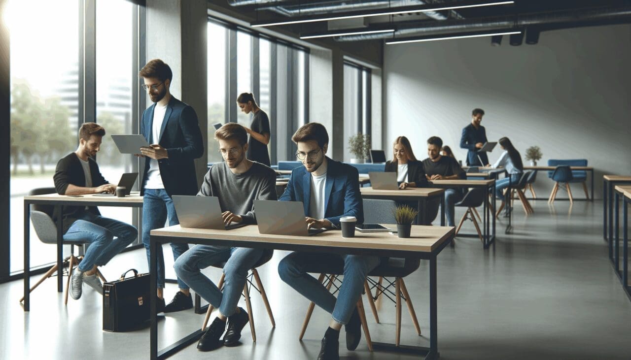 Sala de coworking moderna con jóvenes emprendedores trabajando en laptops, ambiente tecnológico y colaborativo.