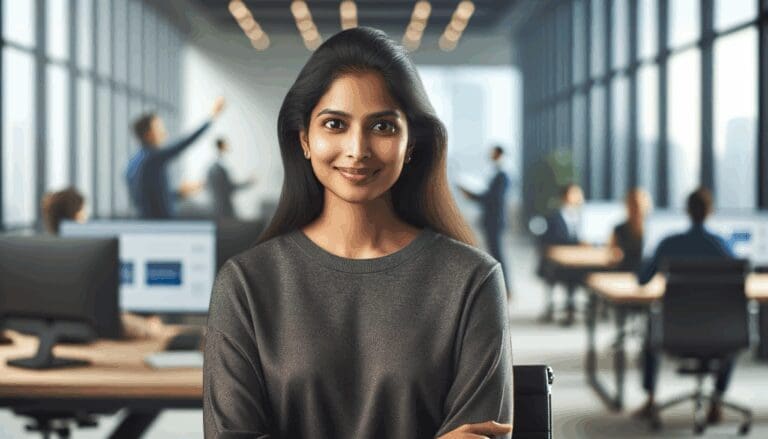 Retrato de una emprendedora en su oficina moderna, con fondo tecnológico y ambiente profesional.