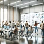 Oficinas modernas con equipo joven colaborando en pizarras digitales y tecnología innovadora.