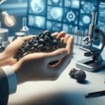 Primer plano de manos sosteniendo una sustancia similar al carbón en un laboratorio moderno, con materiales tecnológicos de fondo.