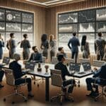 Un grupo de emprendedores revisando gráficos financieros digitales en una sala de reuniones moderna, con pantallas mostrando criptomonedas.