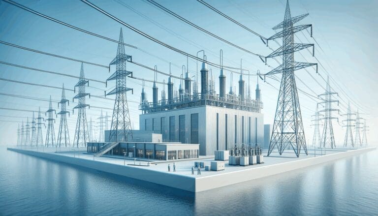 Planta de generación eléctrica junto al mar, con cielo despejado y líneas eléctricas en primer plano.