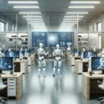 Oficina moderna con equipos de tecnología trabajando en proyectos de inteligencia artificial.