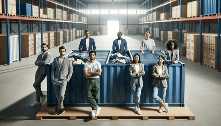 Jóvenes emprendedores gestionando contenedores de ropa reciclada en un entorno urbano moderno.