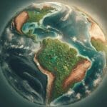 Fotografía aérea de un bosque sudamericano con áreas verdes y zonas afectadas por incendio, observadas desde el espacio.