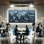 Personas colaborando en una sala moderna con pizarras digitales y laptops, ambiente de innovación tecnológica.