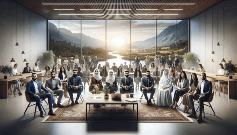 Emprendedores reunidos en un espacio coworking moderno con fondo de paisajes naturales del sur de Chile.