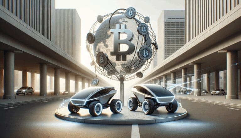 Concepto futurista de vehículos eléctricos y tecnología blockchain sobre un fondo urbano minimalista.