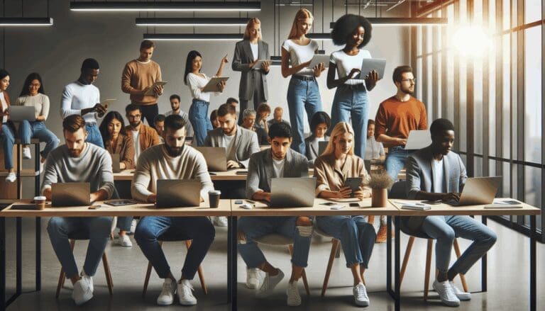 Grupo diverso de emprendedoras y emprendedores tecnológicos en un espacio de coworking moderno, con laptops y pizarras digitales.