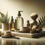 Primer plano de productos cosméticos naturales y botellas de aceites sobre una mesa neutra en ambiente luminoso.