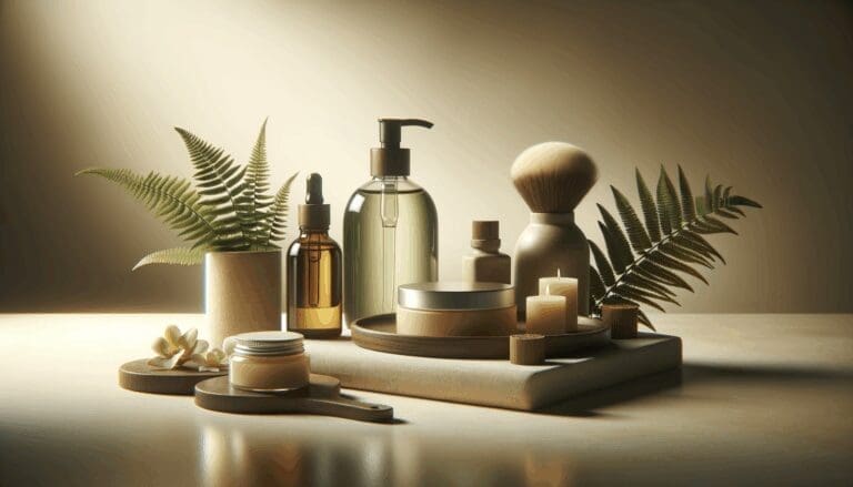 Primer plano de productos cosméticos naturales y botellas de aceites sobre una mesa neutra en ambiente luminoso.