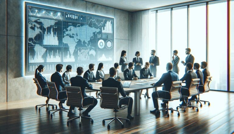 Ejecutivos reunidos en una oficina moderna, colaborando y analizando gráficos digitales sobre una mesa.