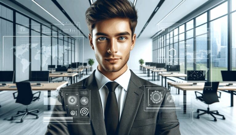 Primer plano de joven ejecutivo en una oficina moderna con pantallas digitales y gráficos tecnológicos, ambiente luminoso.