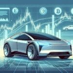 Ilustración minimalista de un automóvil eléctrico futurista sobre un fondo digital con gráficos de criptomonedas.