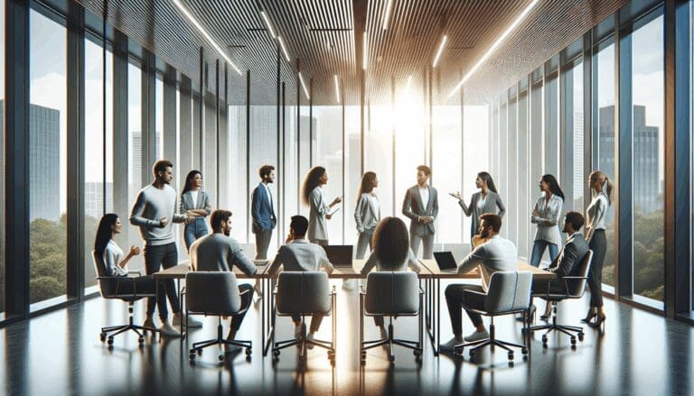 Retrato conceptual de un equipo de startups conversando en una moderna sala de reuniones, con pantallas digitales y luz natural.