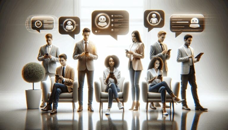 Jóvenes interactuando con asistentes virtuales en dispositivos móviles en un entorno moderno y minimalista.