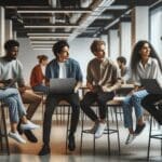 Jóvenes emprendedores conversando y trabajando en laptops en un espacio moderno de coworking.