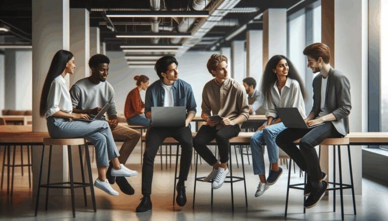 Jóvenes emprendedores conversando y trabajando en laptops en un espacio moderno de coworking.