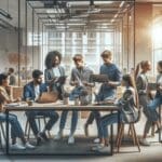 Grupo de jóvenes emprendedores colaborando en un espacio moderno de coworking con laptops y pizarras digitales.