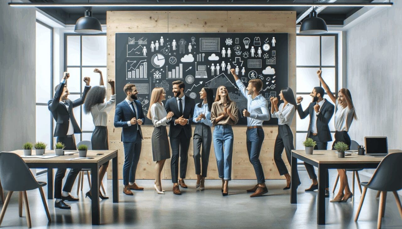 Grupo diverso de emprendedores celebrando junto a una pizarra digital en una oficina moderna.