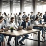 Espacio de coworking moderno con jóvenes emprendedores colaborando en computadoras portátiles.